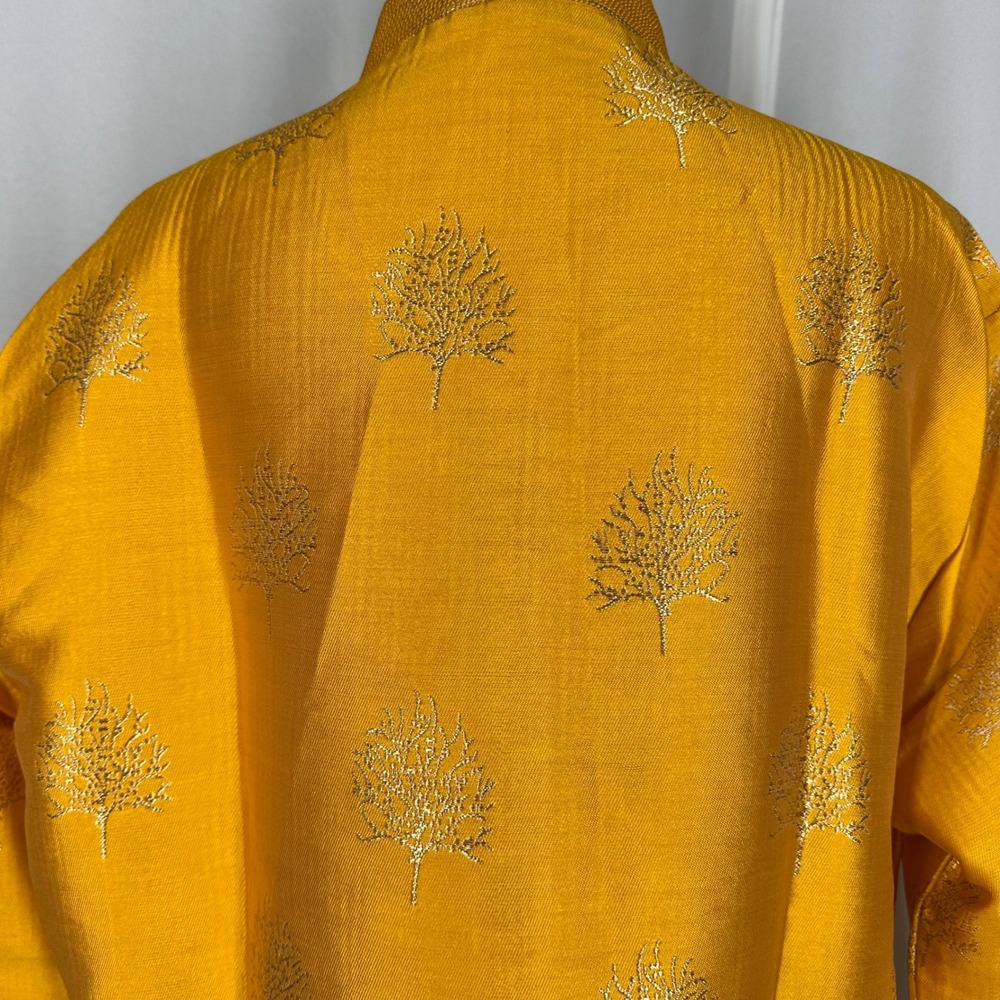 Mens Mustard Yellow Gold Tree Embroidered Kurta Tunic Mandarin Collar Size 44 - Picture 5 of 15